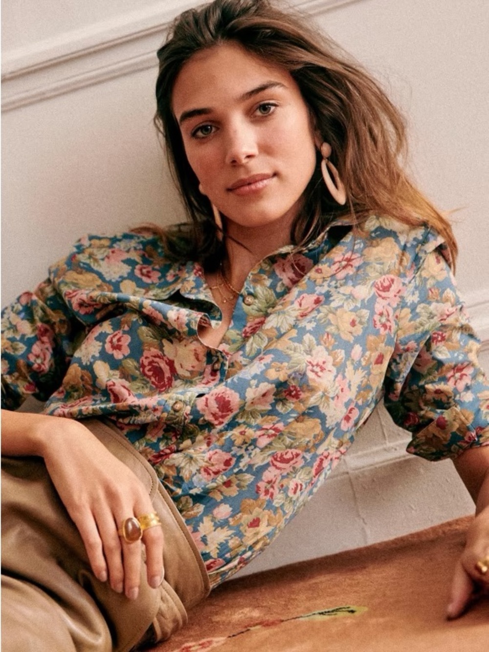 SEZANE Blue Pink Floral Printed Lightweight Cotton Button Down Ann Pierro Shirt